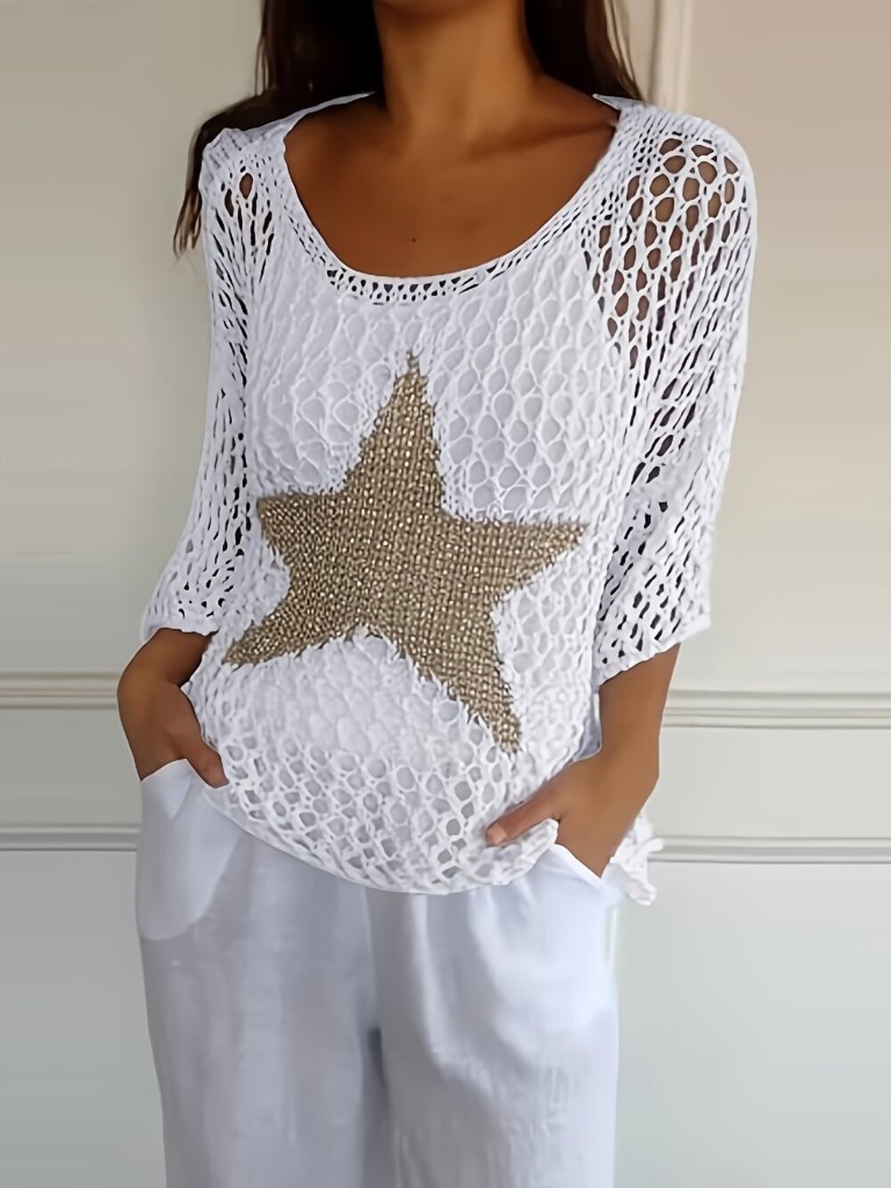Unbranded Boho Star Open Knit Crochet Sweater‎ Top White Metallic NEW Sz M